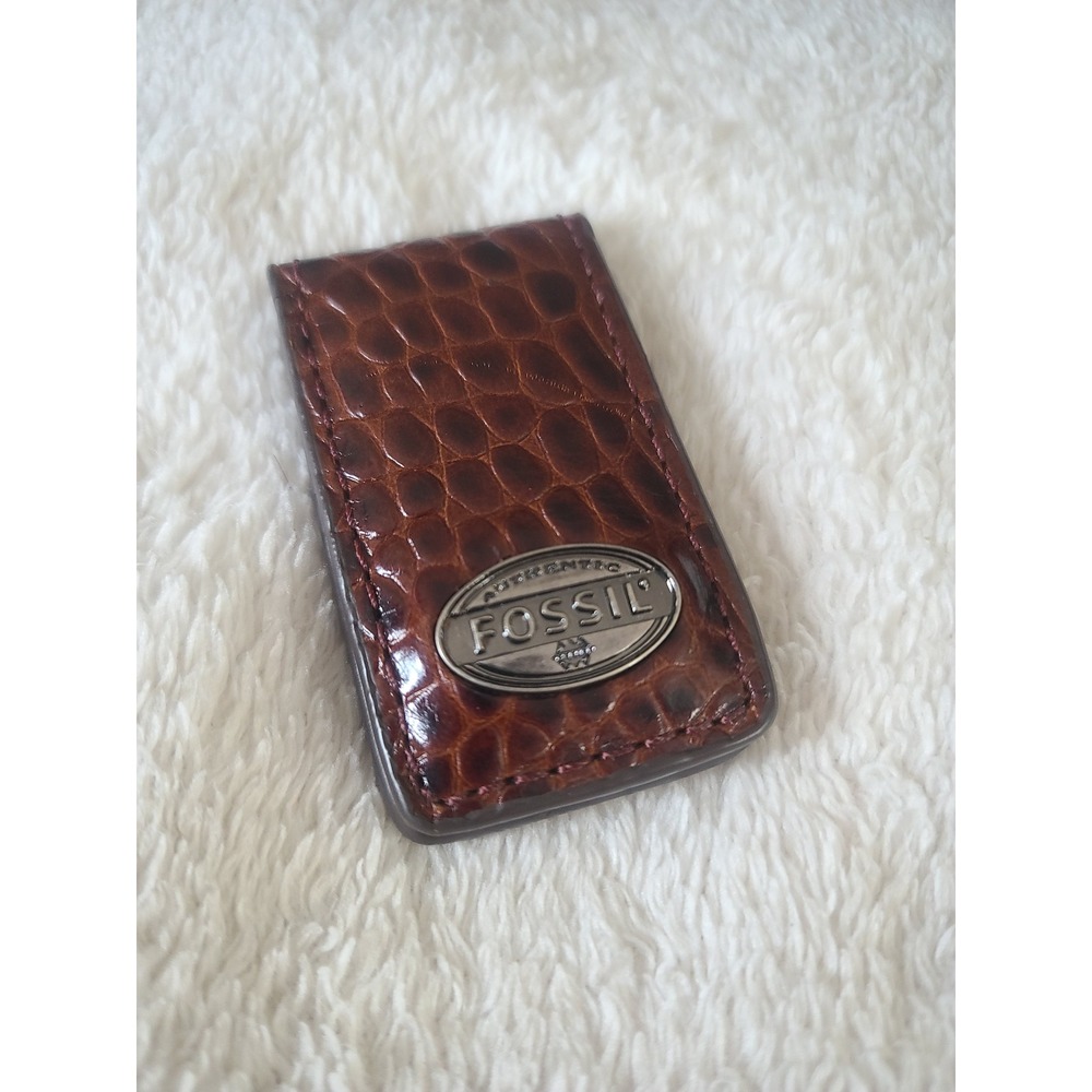 Fossil Magnetic Money Clip Brown Croc Embossed Leather Logo Plaque Prep Rugged